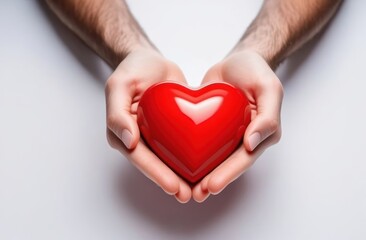 Obraz premium Red heart - shaped figure in mans hands at white background top view.Valentine's Day Greetings concept, Relationship and Dating Apps concept.