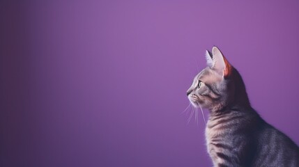 Profile of a contemplative cat against a purple backdrop, ideal for pet care or tranquility themes - obrazy, fototapety, plakaty