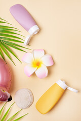 Summer composition with sunblock lotion bottles, palm leaf, sea shells and plumeria on pink background copy space Summer vacation and skin care concept spf uv-protect cosmetics Vertical