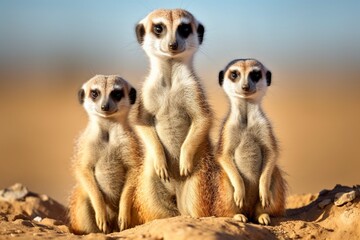 : A family of meerkats standing upright on a sandy plain, keeping a watchful eye on their surroundings.