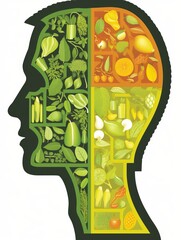 Silhouette head profile with green and yellow produce, symbolizing healthy eating and mindset