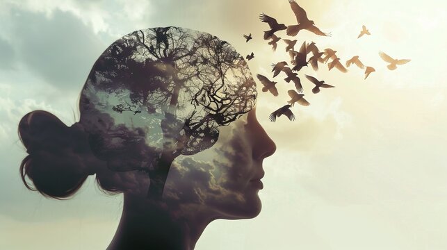 Silhouette of a person in meditation, brain unfurling like a cage with birds escaping, close up. Profile portrait. Concept; Meditation, relaxation, Mental health, yoga.