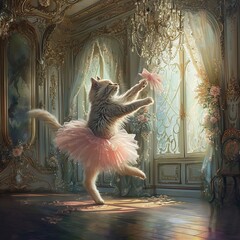 Cat in tutu dancing in a sunlit room, perfect for whimsy, pets, or fairytale imagery - obrazy, fototapety, plakaty