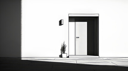 A white room with a door and a plant