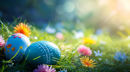 Obraz na płótnie Canvas Decorated Easter eggs on the grass