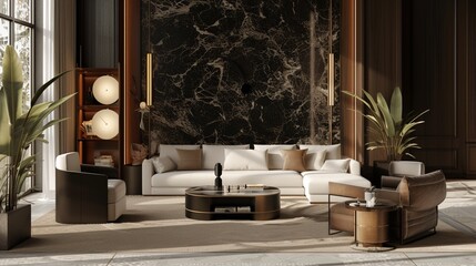 modern living room earth color, daylidht throw the windows left, wall texture stone, Perfect for interior design showcasing or hotel advertising.