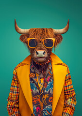 highland cow wearing trendy clothes and sunglasses on a turquoise background