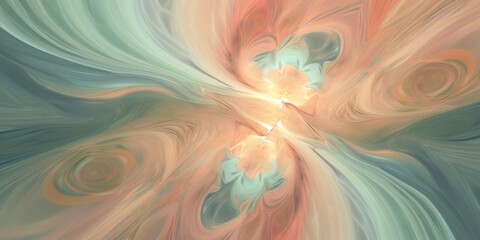 An abstract digital artwork with swirling patterns in shades of mint, peach fuzz, and cream, suggesting a fluid, dynamic movement, reminiscent of marble or the natural patterns in stones and gases.