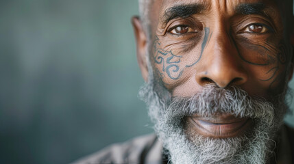 African American senior man with a unique facial tattoo - obrazy, fototapety, plakaty