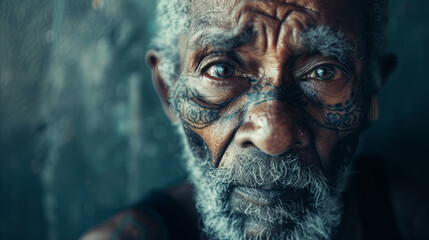  African American senior man with a unique facial tattoo