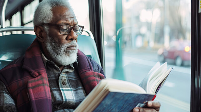 African American senior man reading a book on a city bus