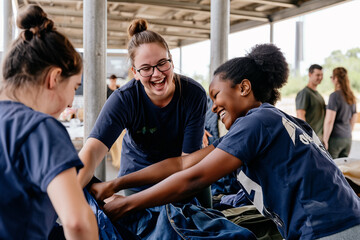 Diverse volunteers share laughter while candidly sorting through donated clothing, embodying the spirit of community and generosity.

