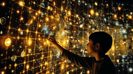 Child touching a starry interactive display, perfect for education, astronomy, or wonder, modern museum - obrazy, fototapety, plakaty