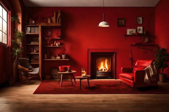 interior of there  room with red background in the fire background with chimney blowing into   fore  