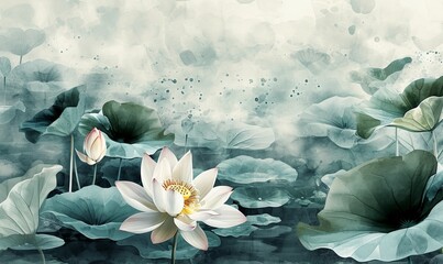 Serene lotus flowers in watercolor, light background, ideal for wellness, spa, or botanical art themes, Template for making bed linen wallpaper.