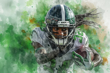 American football player in action, woman green watercolor with copy space