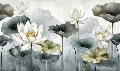 Serene lotus flowers in watercolor, white background, ideal for wellness, spa, or botanical art themes, Template for making bed linen wallpaper.