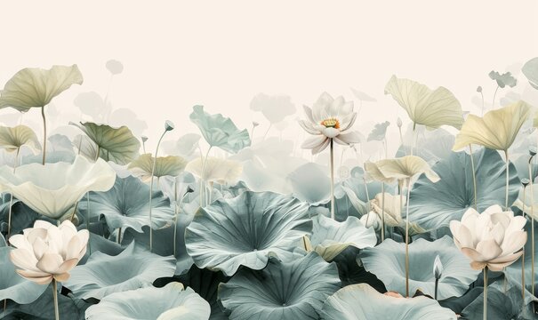 Fototapeta Serene lotus flowers in watercolor, beige background, ideal for wellness, spa, or botanical art themes, Template for making bed linen wallpaper.