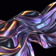 Metallic 3D of abstract silk flowing futuristic cyberpunk hyper realism detailed isolated colorful metallic reflective holographic flow silk iridescence isolated on black background.