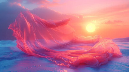 3D abstract silk cloth floating in pastel sunset landscape. Futuristic cyberpunk hyper realism details reflective holographic flow silk. peaceful calm background concept.