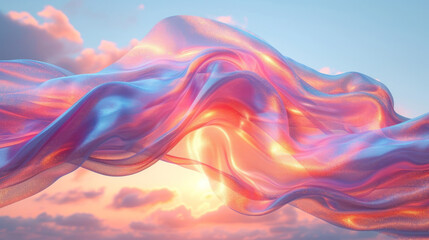 3D abstract silk cloth 3D futuristic cyberpunk hyper realism detailed isolated on sunset sky, colorful reflective holographic flow silk gold iridescence glowing on landscape background. - obrazy, fototapety, plakaty