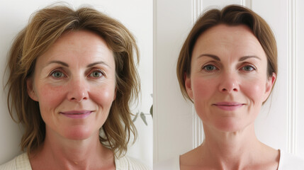 Before After photo of anti aging skin treatment of older woman in her 40s, before she has wrinkles, fine lines, afterwards smooth glowing skin and younger from microneedling, botox, ipl laser at salon