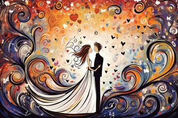 beautiful wedding couple colorful sketch illustration