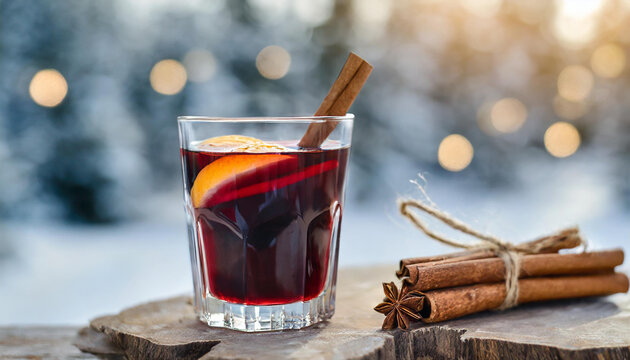 Mulled wine with spices on a blurred background of winter landscape