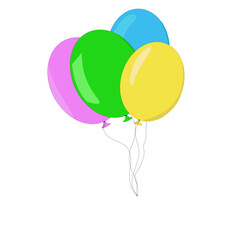 Ensemble de quatre ballons remplis d'hélium de différentes couleurs: bleu, vert, jaune, violet - obrazy, fototapety, plakaty