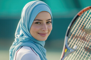 Arab woman in tennis player activewear doing exercise, sport workout