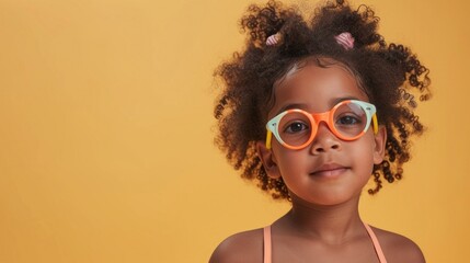 A young girl with curly hair wearing oversized orange glasses with yellow frames and a pink headband set against a vibrant yellow background.
