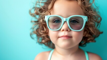 A young child with curly hair wearing oversized teal sunglasses and a light blue swimsuit against a vibrant teal background.
