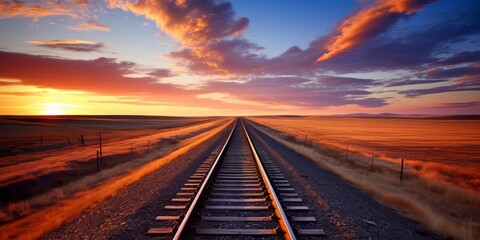 Railway in the steppe on a background of a beautiful sunset