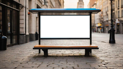 Blank advertising banner at a bus stop. Template for an advertisement, stop on a city street with a...