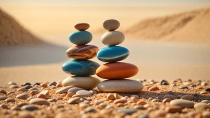 Foto op Aluminium A pyramid of pebbles of different colors and textures against a background of sand and dunes. Meditation and balance concept, zen, sea sand. © TulenMalen