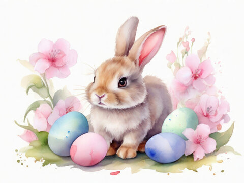 Texture watercolor illustration, cute bunny with eggs isolated on white background. Splashes of paint, bright pastel colors, Easter.