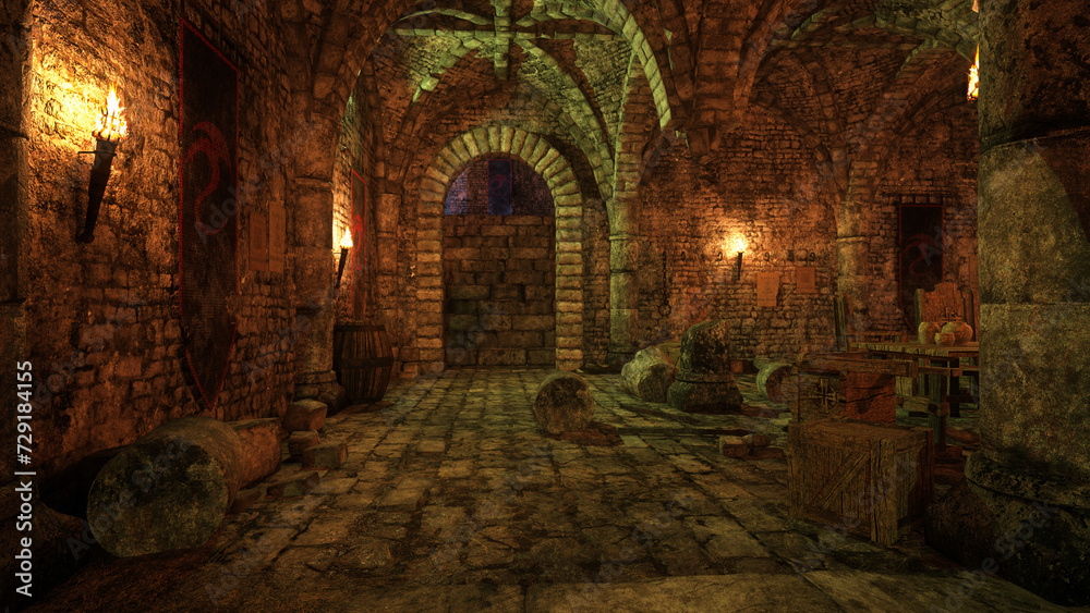 Poster dark gloomy dungeon in an old medieval castle lit by flaming torches. 3d illustration.