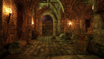 Dark gloomy dungeon in an old medieval castle lit by flaming torches. 3D illustration. - obrazy, fototapety, plakaty