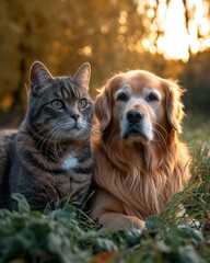 British cat and Golden Retriever together