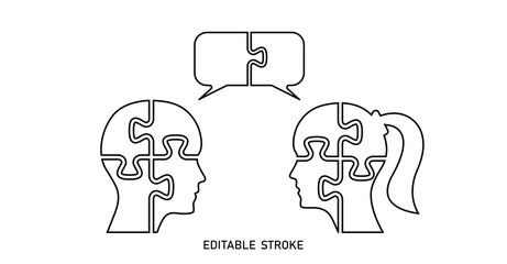Editable stroke business puzzle piece heads with puzzle shape communication bubbles. Man woman head to use in unity, communication, diversity, partnership concept design.
