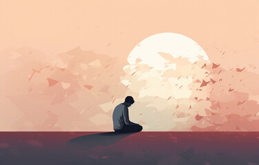 Young sad man with mental disorder and suicidal thoughts looking down sitting over sunset background