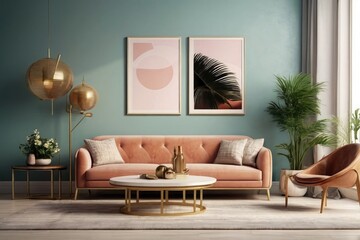 Boho Chic Living Room: Empty Wall Frame Mockup - 3D Rendering
