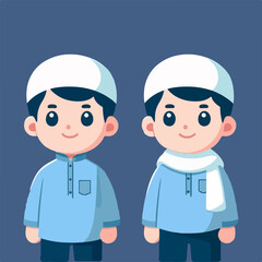 Fototapeta premium two cute twin muslim boys wearing turban and skullcap cartoon vector illustration