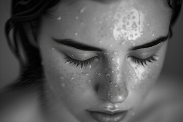 The tranquil beauty of a young woman's face bathed in the gentle shower spray