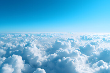 Image of white beautiful clouds above a blue sky in style of realistic atmospheres with soft and dreamy scene, aerial view