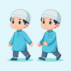 two twin muslim brothers walking together cartoon vector illustration