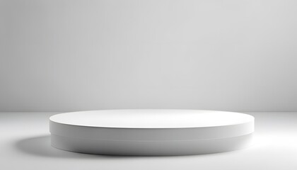 Abstract white round stand for product presentation on white background, empty room with shadows on podium