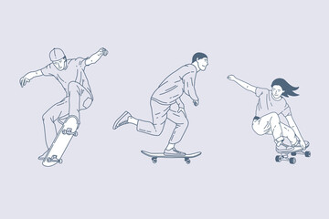 Set of outline illustrations of skateboarding