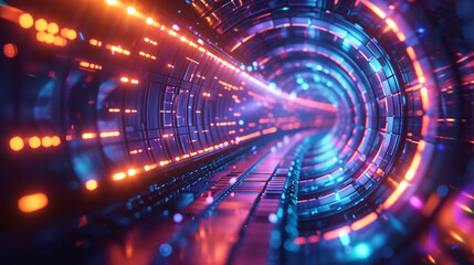 Obraz premium A captivating perspective view inside a futuristic tunnel illuminated with radiant neon lights and cybernetic patterns.