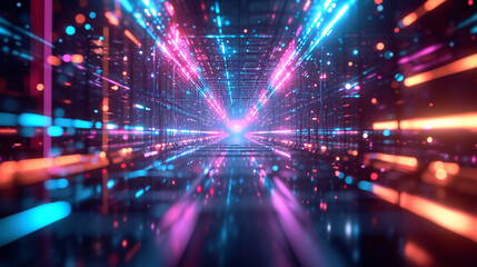 Dynamic light tunnel with neon blue and pink lights leading into the horizon of a digital cyber world, suggesting infinite possibilities. - obrazy, fototapety, plakaty